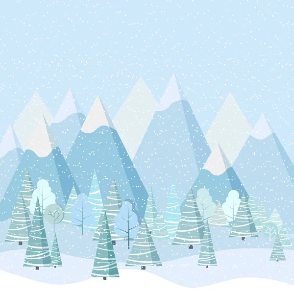Vacker Jul Vinter Landskap Bakgrund Med Berg Snö Träd Granar — Stock vektor