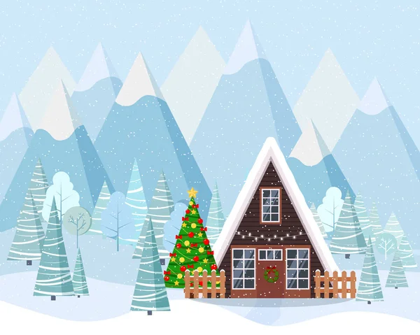 Winterlandschaft Mit Dekoriertem Einfamilienhaus Winterbäumen Fichten Bergen Schnee Cartoon Flach — Stockvektor