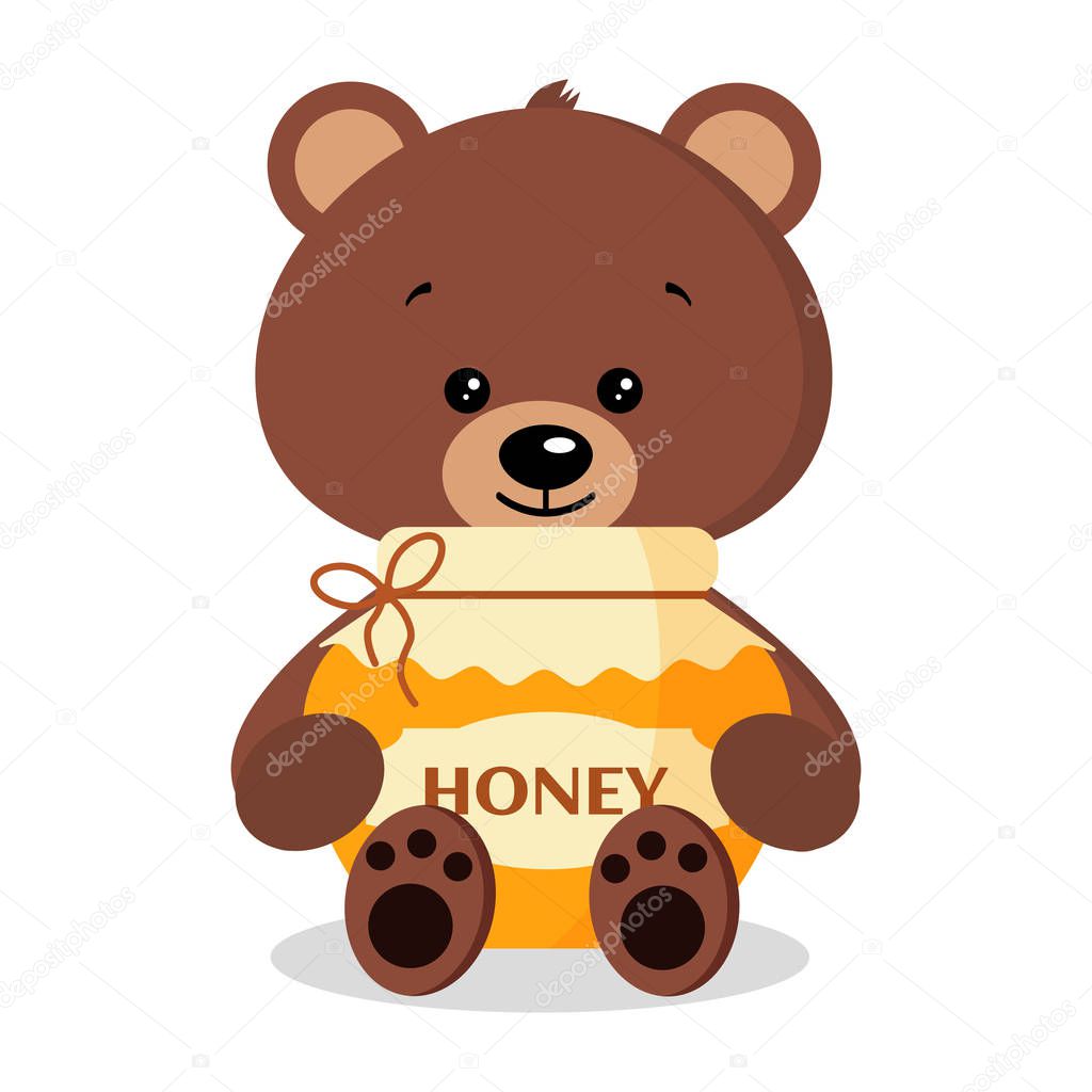 Flat cartoon style icon. Cute and sweet wild brown bear with a jar of delicious fresh honey isolated on white background. Vector clip art teddy toy character illustration.
