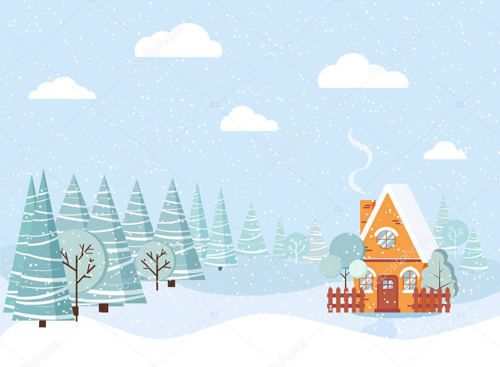 Winter landscape with country house, winter trees, spruces, clouds, snow in cartoon flat style. Christmas vector background illustration.