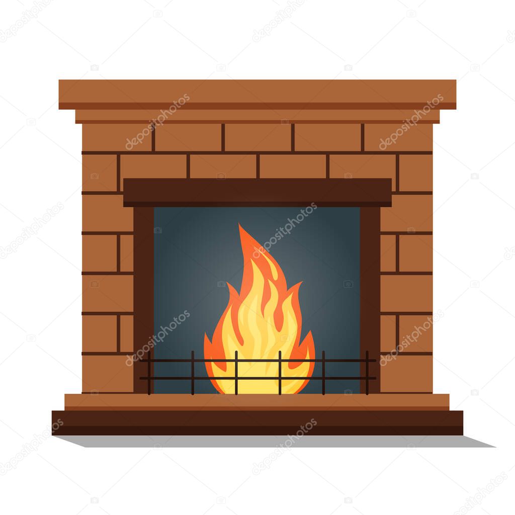 Fireplace icon isolated. Comfortable cozy warm fireplace flame bright winter Christmas decoration interior. Vector illustration in a cartoon flat style