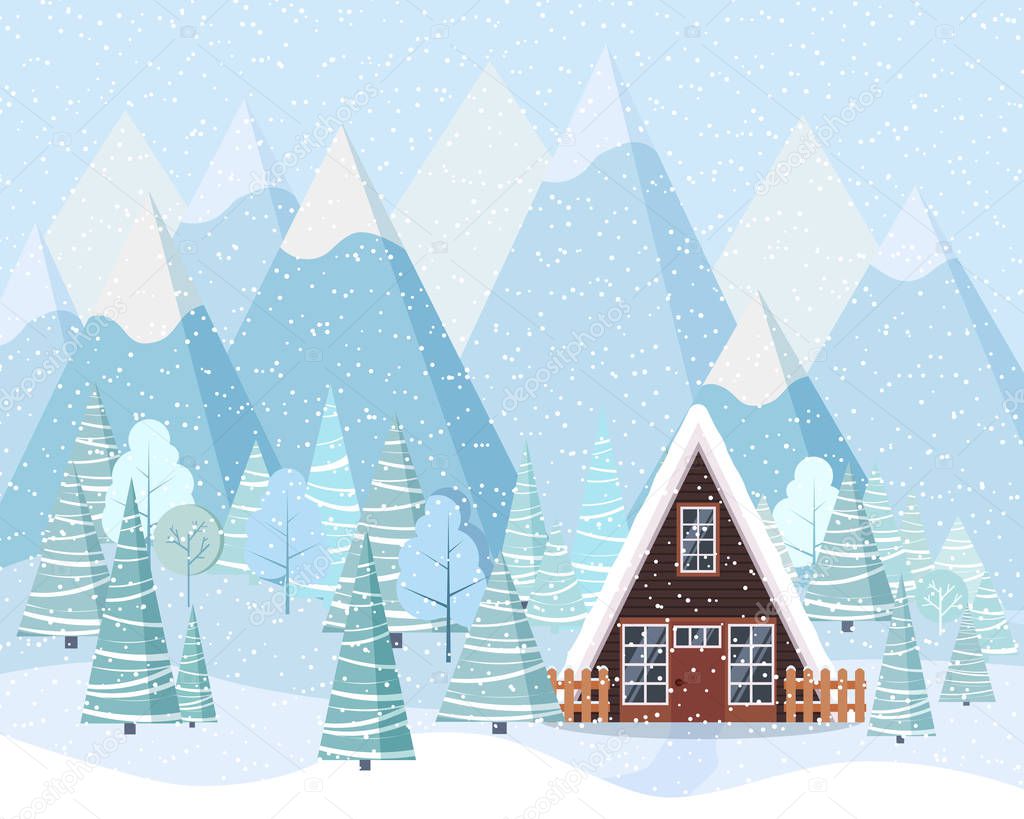 Beautiful Christmas winter landscape background in flat style. Christmas forest woods with mountains, a-frame country house.