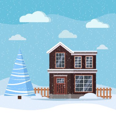 Kır evi, ladin, bulutlar, düz çizgi film tarzında kar manzarası. Noel vektörü arkaplan illüstrasyonu.