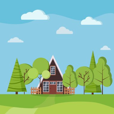 Summer or spring landscape with small a-frame house with fences, green trees, spruces, clouds, road, fields in flat cartoon style. Vector nature background illustration. clipart