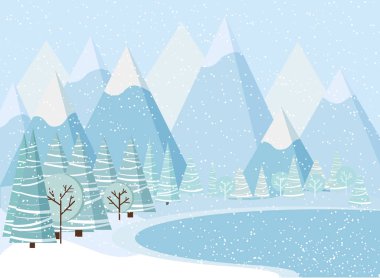 Dağlarla, karla, ağaçlarla, çiçeklerle, çizgi filmlerdeki gibi donmuş göllerle dolu güzel bir Noel manzarası. Vector gölü manzara çizimi.