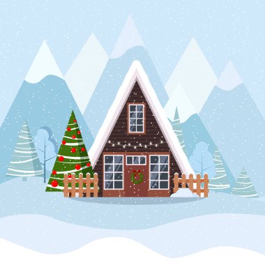 İskandinav tarzı dekore edilmiş çelenk ve çelenklerle süslenmiş, süslenmiş Noel ağacı, kar, düz çizgi film tarzında dağlar. Vektör illüstrasyonu.