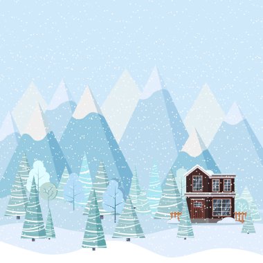 Kır evleri, kışlık ağaçlar, çayırlıklar, dağlar, düz çizgi film tarzında kar manzarası. Noel vektörü arkaplan illüstrasyonu.
