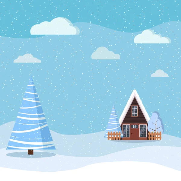 フレームカントリーハウス 冬のスプルース 漫画のフラットスタイルで雪と冬の風景 クリスマスベクトルの背景イラスト — ストックベクタ