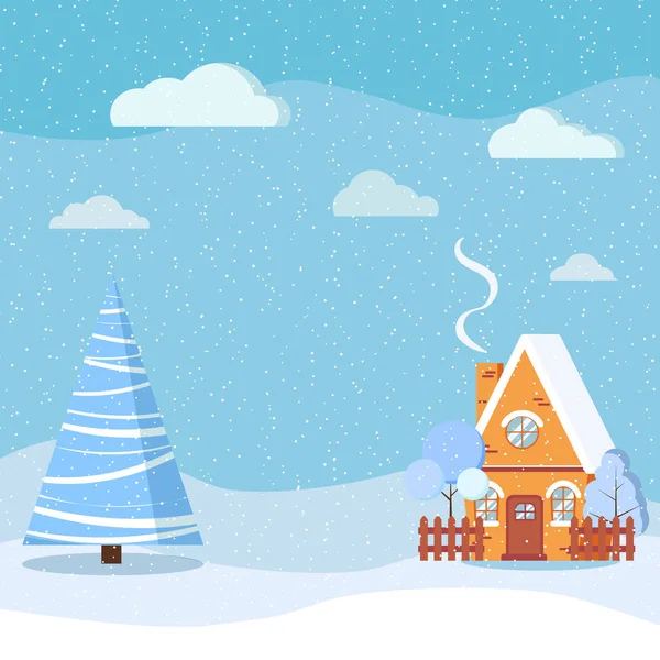 Winterlandschap Met Landhuis Sparren Wolken Sneeuw Cartoon Platte Stijl Kerst — Stockvector