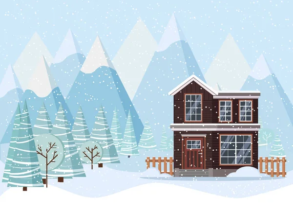 カントリーハウス 冬の木 スプルース 漫画のフラットスタイルで雪と冬の風景 クリスマスベクトルの背景イラスト — ストックベクタ