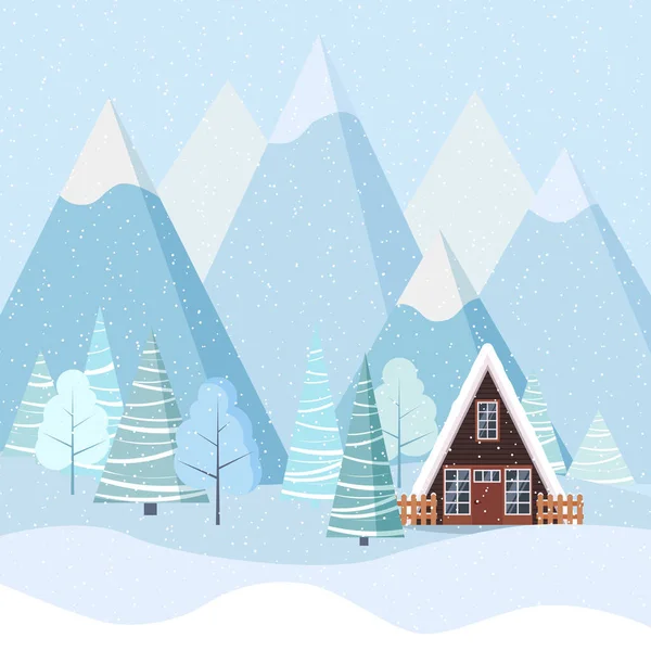 漫画のフラットスタイルでフレームカントリーハウス 冬の木 スプルース 雪と冬の風景 クリスマスベクトルの背景イラスト — ストックベクタ