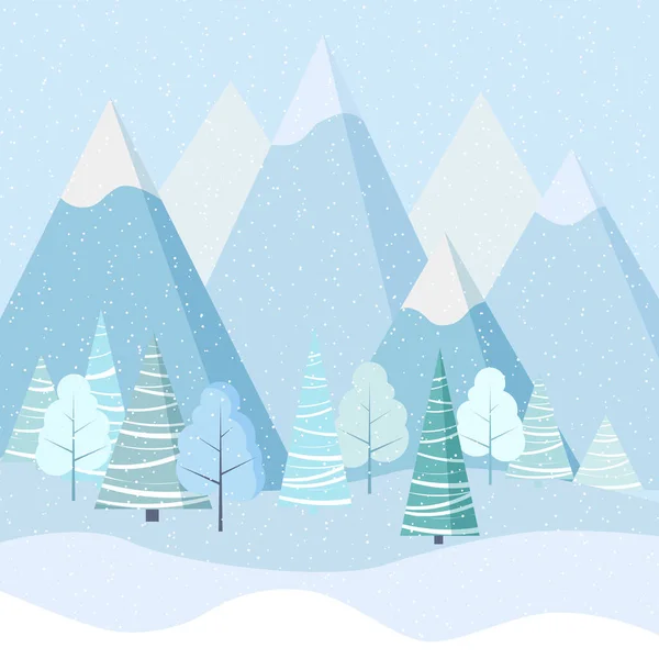 Schöne Weihnachten Winterlandschaft Hintergrund Mit Bergen Schnee Bäumen Fichten Cartoon — Stockvektor