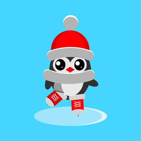 Pinguim Isolado Chapéu Vermelho Cachecol Patins Patinação Gelo Pista Estilo — Vetor de Stock