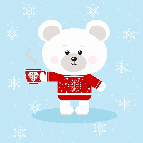 Lindo Oso Polar Navidad Suéter Rojo Con Taza Roja Café — Archivo Imágenes Vectoriales