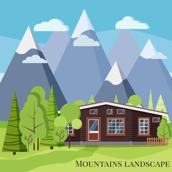 Spring Summer Mountain Landscape Nature Scene Rural Wooden Farm House — Stock Vector