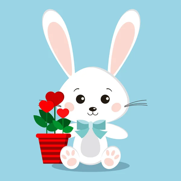 Ізольований Милий Солодкий Білий Кролик Сидячій Позі Блакитною Краваткою Квіти — стоковий вектор