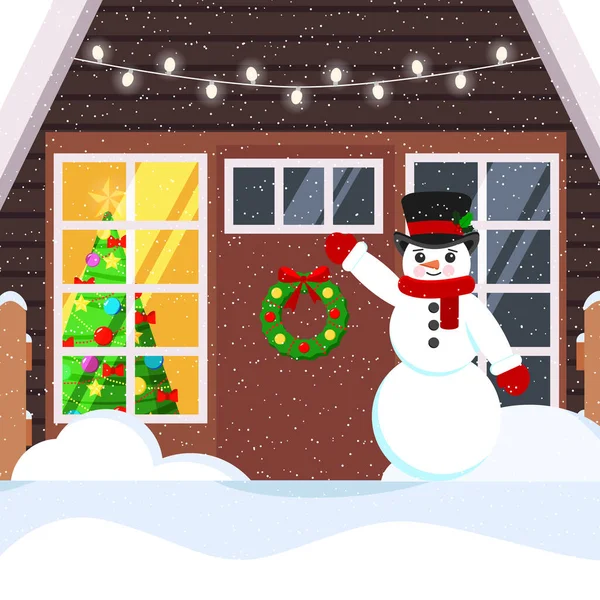 Vector Cartoon Illustration Snowy House Entrance Greeting Snowman Flat Style — Stock Vector