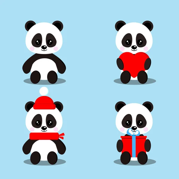 Conjunto Osos Pandas Bebé Lindos Aislados Pose Sentada Con Regalo — Vector de stock