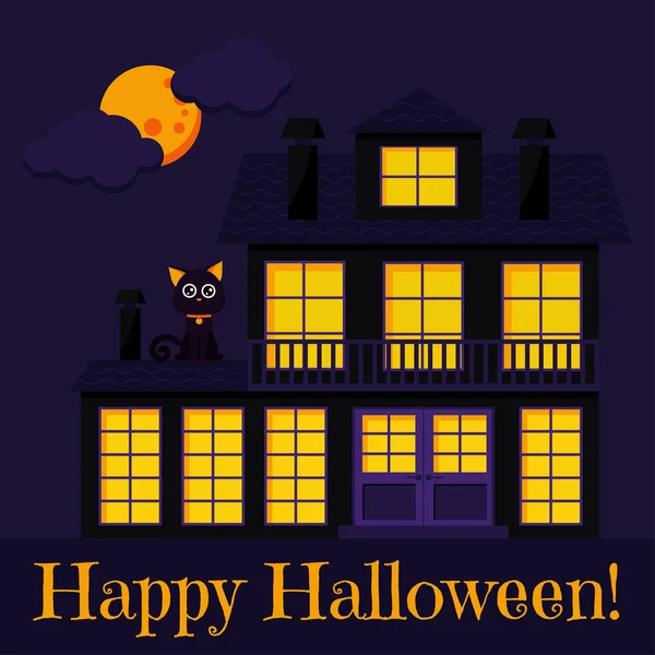 Feliz Tarjeta Felicitación Halloween Con Gato Casa Sombría Embrujada Con — Vector de stock