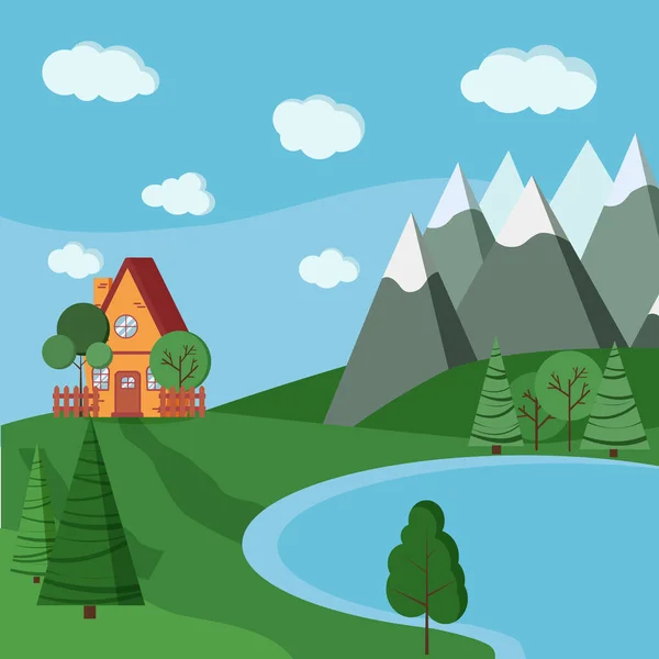 フェンス 緑の木々 トウヒ 漫画のフラットスタイルで山と漫画カントリーハウスと夏や春の湖の風景 ベクターの背景イラスト — ストックベクタ