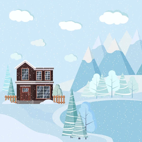 スプルース 漫画のフラットスタイルで2階建ての家と美しいクリスマス冬の自然景観の背景 ベクターの背景イラスト — ストックベクタ