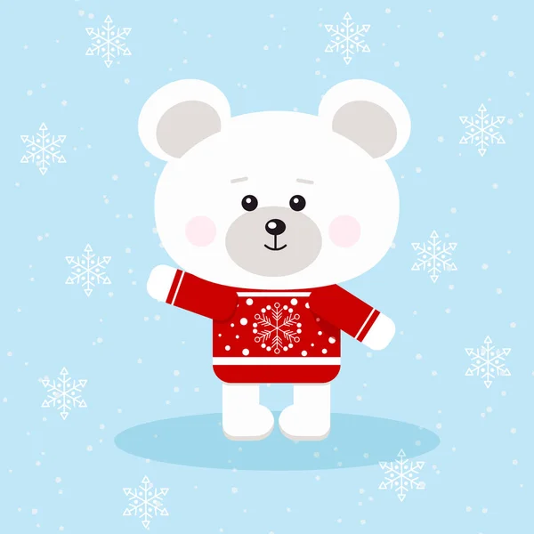 Roztomilý Vánoční Lední Medvěd Červeném Svetru Sněhovou Vločkou Sněhu Pozadí — Stockový vektor