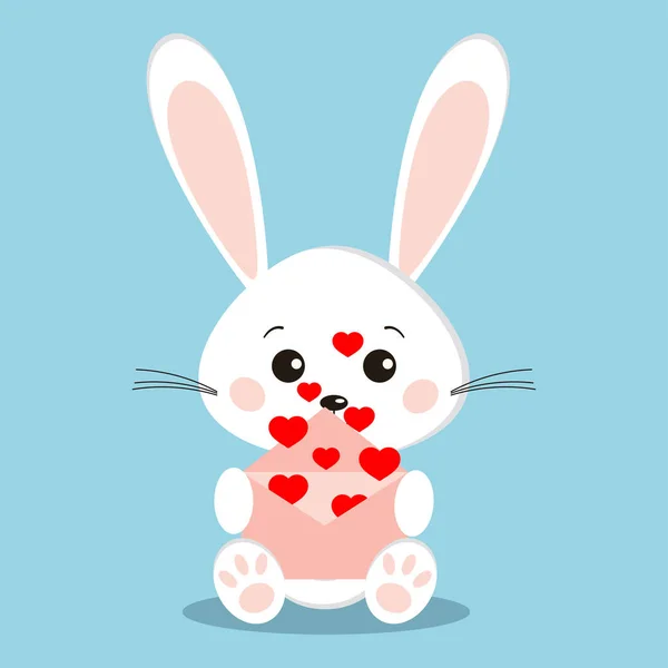 Isolated Sweet Cute White Rabbit Sitting Pose Flying Red Hearts — Stock Vector