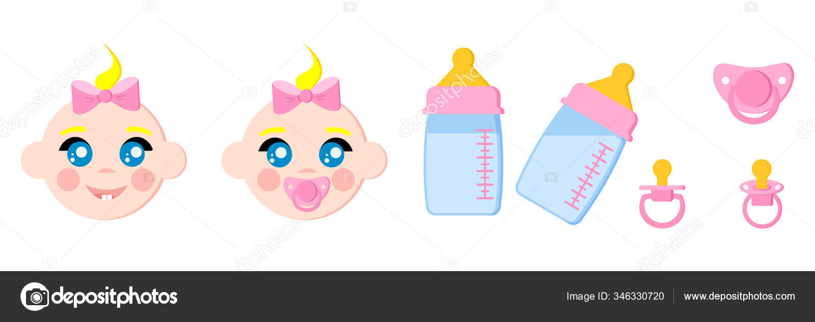 Set Child Faces Icons Baby Bottles Milk Pacifiers Baby Dummies
