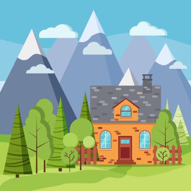 Tuğla çiftlik evinin, yeşil ağaçların, çiçeklerin, bulutların, dağların, düz çizgi film tarzında yolun olduğu bahar ya da yaz manzarası. Yaz vektörü arkaplan illüstrasyonu.