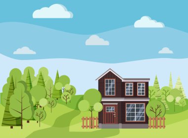 Yaz ya da bahar manzaralı çitleri, yeşil ağaçları, süsleri, bulutları, çizgi film tarzı yolu olan iki katlı bir ev. Vektör illüstrasyonu.