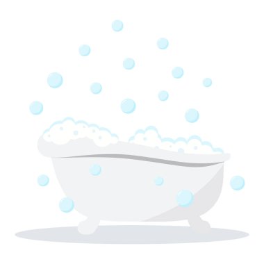 Demir banyosu ikonu. Beyaz renkli banyo köpüklü köpüklü ve gölgeli köpüklü beyaz arka plan. İç dizayn tuvaleti için bir element. Vektör çizgi film düz stil Illustration. Clipart resmi.