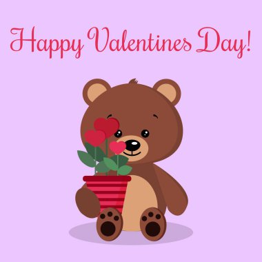 Menekşe arka planında kalp şeklinde bir saksı çiçekli, izole edilmiş romantik kahverengi ayılı tebrik kartı. Sevgililer Günün kutlu olsun. Çizgi film düz stiliyle vektör illüstrasyonu.