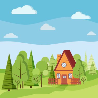 Yazın veya ilkbaharda çitli kır evleri, yeşil ağaçlar, süslemeler, bulutlar, düz çizgi film tarzında yollar. Vektör arkaplan çizimi.