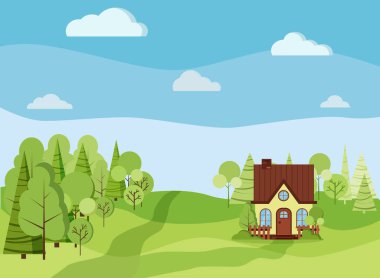 Yaz baharı yeşil manzaralı kırsal çiftlik evinin bacası ve tavan arası, yeşil ağaçlar, süslemeler, tarlalar, bulutlar, çizgi film tarzı yollar. Yaz doğa sahne vektör illüstrasyonu