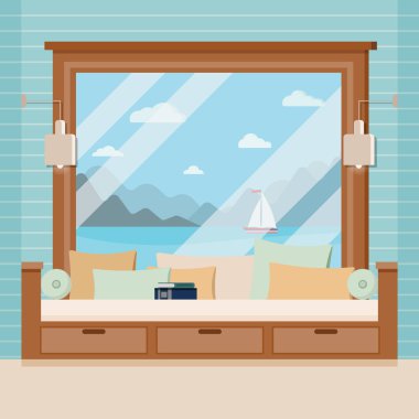Ahşap pencere çerçevesi, düz çizgi film şeklinde kitap ve yastıklar. Deniz, yelkenli, bulutlar, dağlar, yaz ya da bahar manzaralı pencere manzarası. Vektör arkaplan çizimi.