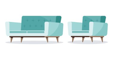 Nane renginde kanepe ve tahta koltuk ayak ikonlarıyla dolu koltuk. Mobilya koleksiyonu. Çizgi film tarzında vektör illüstrasyonu. İç grafik tasarım elementleri beyaz arkaplanda izole edildi.