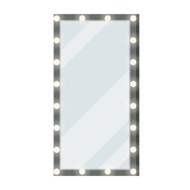 Ampullü modern ayna. Kadın yatak odası ya da sahne arkası soyunma odası. Beyaz arka planda izole edilmiş yer ya da duvar aynası. Vektör düz tasarım çizgi film biçimi illüstrasyonu.