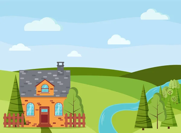 Frühling Oder Sommer Cartoon Landschaft Szene Mit Land Backstein Bauernhaus — Stockvektor