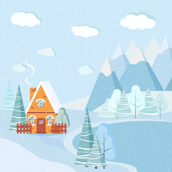 Schöne Weihnachten Winter Seenlandschaft Hintergrund Mit Bergen Schnee Bäumen Fichten — Stockvektor