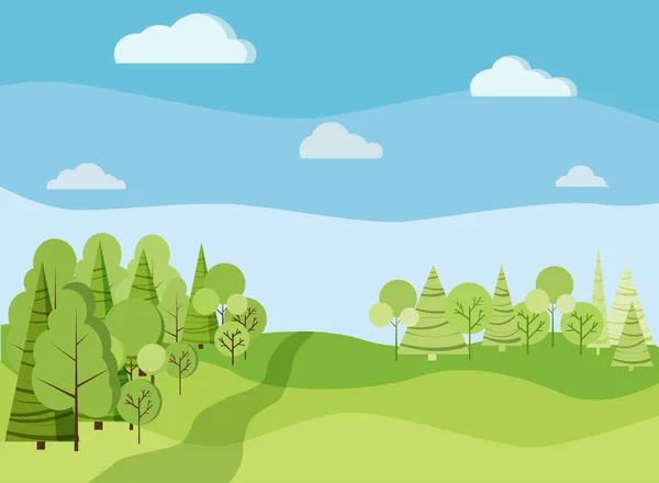 Косметичка Весняний Або Літній Пейзажний Фон Зеленими Деревами Ялинками Полями — стоковий вектор