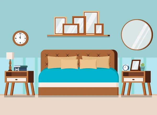 舒适的卧室内部场景 有家具床 床头柜 架子上有图片 平面风格的卡通矢量插图 — 图库矢量图片