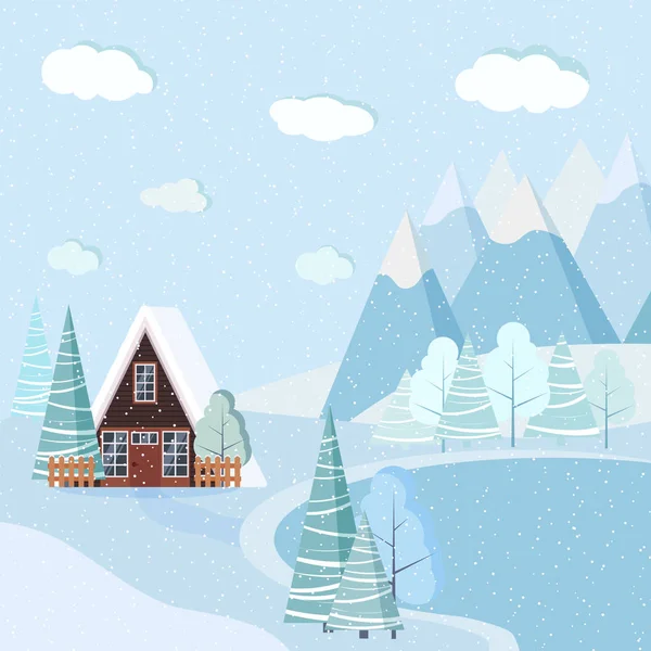 Prachtige Kerst Winter Meer Landschap Achtergrond Met Een Frame Huis — Stockvector