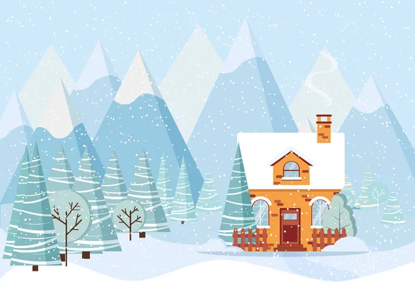 田舎のレンガ農家 冬の木 スプルース 平らな漫画のスタイルで雪と冬の風景 クリスマスベクトルの背景イラスト — ストックベクタ