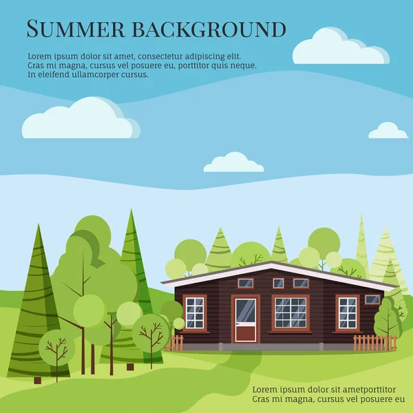 Summer or spring landscape banner background with wooden country rural farm house, fences, green trees, spruces, fields, clouds, road in flat cartoon style. Summer nature scene vector illustration. — Stock Illustration Summer Spring Landscape Banner Background Wooden Country Rural Farm House Royalty Free Stock Illustrations