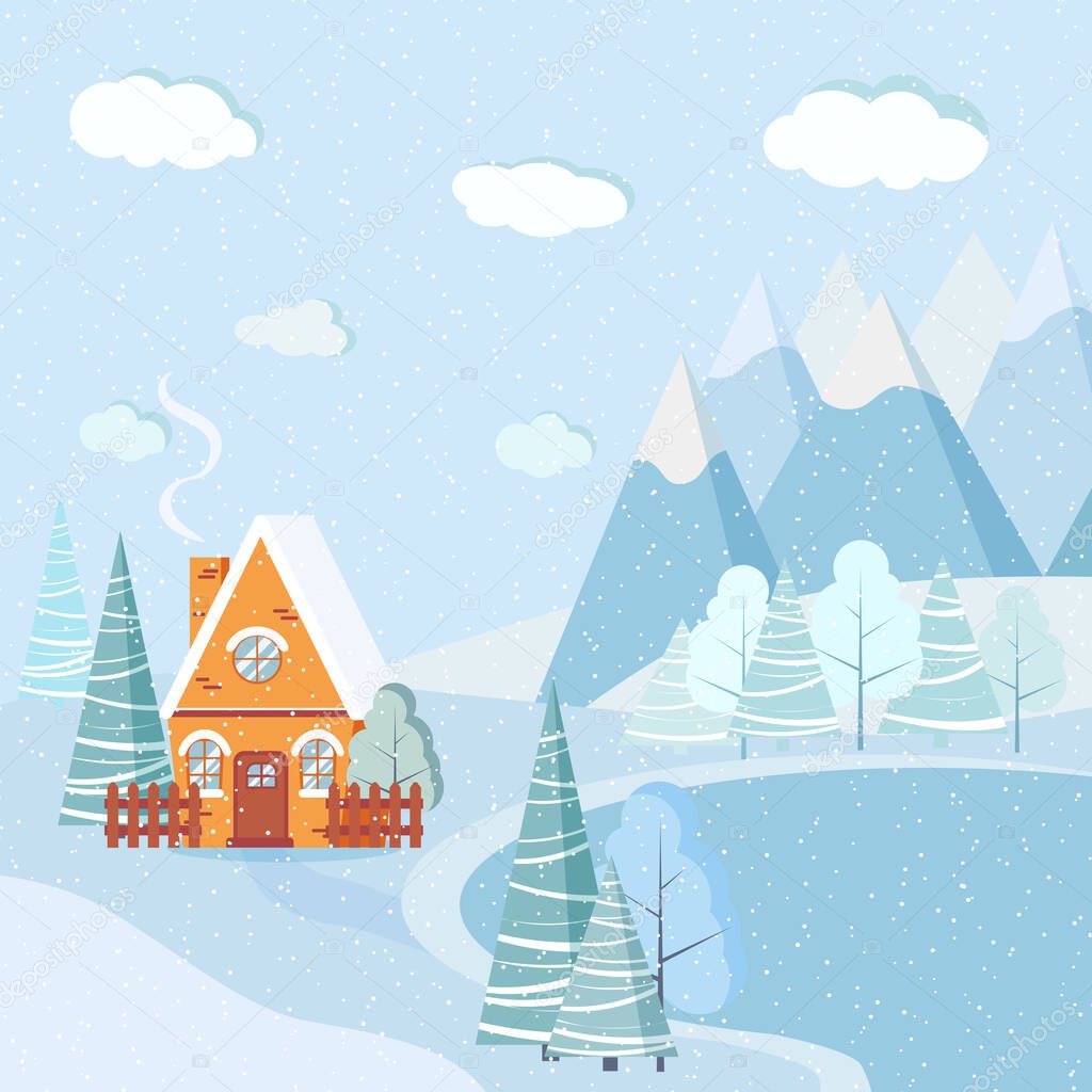 Beautiful Christmas winter lake landscape background with mountains, snow, trees, spruces, country cartoon house in flat style. Vector nature background illustration.