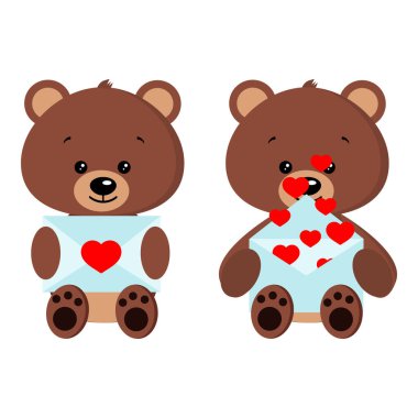 Romantik, sevimli oyuncak ayıyı pençe içinde aşk mektubuyla oturarak poz vermeye ayarlamış. Mavi romantik zarfları açıp kapadı. Zarfın içinde uçan kırmızı kalpler var. Düz çizgi film tasarım vektör çizimi