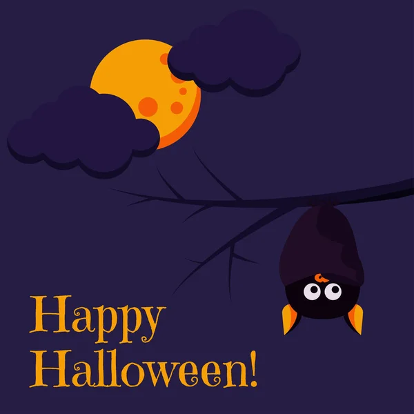Beautiful cartoon style Happy Halloween greeting card with cute black bat hanging upside down on a branch and full orange moon, clouds on dark night background. Vector flat design holiday illustration