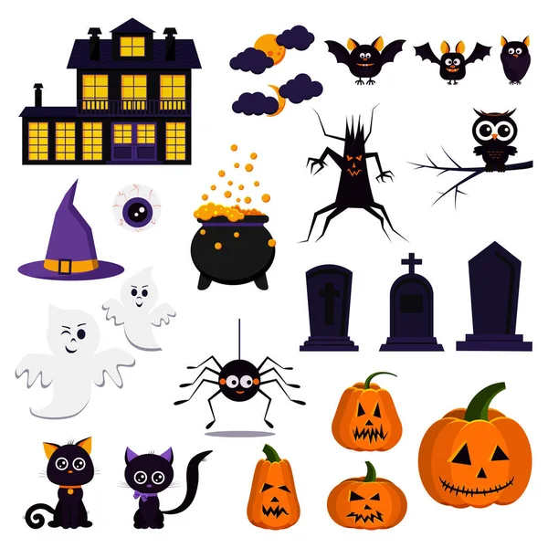 Dibujos Animados Diseño Plano Feliz Halloween Icono Conjunto Calabazas Colores — Vector de stock