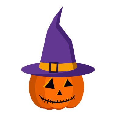 Beyaz arka plan düz tasarım tasarım illüstrasyonunda izole edilmiş turuncu tokalı mor tokalı cadı şapkalı mor renkli mor yakalı Mutlu Cadılar Bayramı balkabağı..