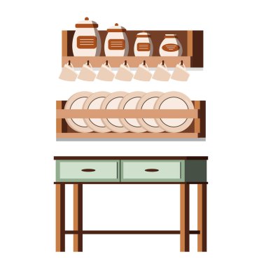 Ahşap mutfak rustik mobilya iç dekorasyon sahnesi beyaz arka plan raflarında izole kavanozlar, kaplar, tabaklar, masa, toplu ürünler için düz stil. Vektör düz tasarım çizgi film biçimi illüstrasyonu